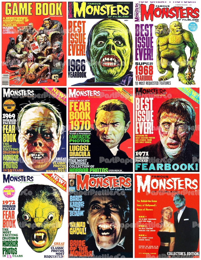 May include: A collection of vintage "Famous Monsters of Filmland" magazines. Each cover features colorful illustrations of classic movie monsters, with bold text and the magazine's title. The magazines are from the 1960s and 1970s.