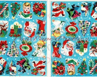 May include: A sheet of vintage Christmas stickers featuring a variety of holiday imagery, including Santa Claus, angels, reindeer, Christmas trees, and poinsettias. The stickers are printed on a blue background with white snowflakes.