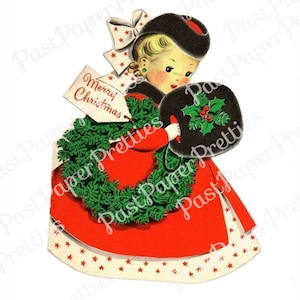 Carte de joyeux Noël fille jolie couronne imprimable vintage Image rétro des années 1940 PDF Téléchargement numérique Kitsch vacances Clipart 300 dpi