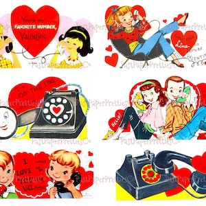 May include: Six vintage Valentine's Day cards featuring illustrations of children using rotary phones. The cards have red hearts and the text "You're my favorite number, Valentine", "I'm on the line", "I like your line so let's be Valentines", "I've got a big crush on you", "I would love to be your Valentine", and "Mine".
