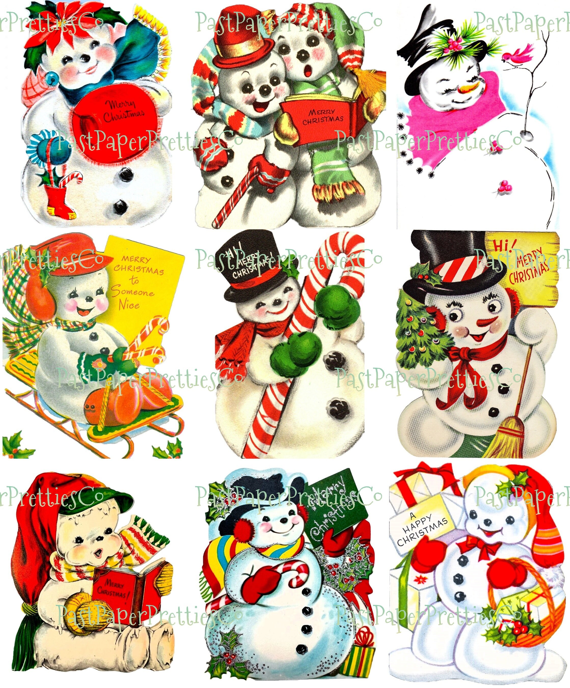 Vintage Printable Cute Snowman Christmas Card Images 3 Sizes Fussy Cuts ...
