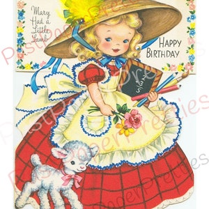 Vintage druckbare Mary hatte ein kleines Lamm alles Gute zum Geburtstag Grußkarte Bild Sofortiger digitaler Download Kitsch niedlich Hübsches Mädchen Clip Art