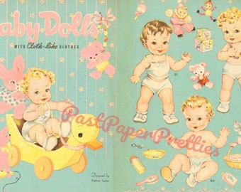 Lalki papierowe w stylu vintage, lalki niemowlęce z ubrankami przypominającymi materiał, ok. 1944 r., do wydrukowania w formacie PDF, natychmiastowe pobranie cyfrowe, 4 kiczowate, urocze, kawaii niemowlęta, grafika wektorowa