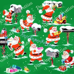 Emballage cadeau de Noël imprimable vintage Père Noël occupé rétro, papier d'emballage, feuille de collage, téléchargement numérique instantané, clipart père Noël