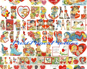 Könnte beinhalten: Ein digitales Collage-Blatt mit Vintage-Bildern zum Valentinstag. Das Blatt zeigt eine Vielzahl von Bildern, darunter Herzen, Kinder, Tiere und Text. Die Bilder sind in verschiedenen Farben gehalten, darunter Rot, Rosa, Blau und Grün.