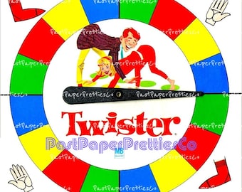 Juego de mesa Twister retro imprimible vintage, ruleta de 1966, descarga digital instantánea en PDF, imágenes prediseñadas con un toque nostálgico de la infancia.