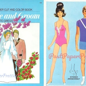 Vintage Papierpuppen Braut und Bräutigam Retro 1971 Printable PDF Sofortiger digitaler Download Groovy Hochzeit Puppen & Kleidung zu Farbe Clip Art