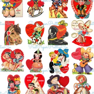 Vintage Western Valentinstag Karten niedlichen Cowboy indischen Themen Collage Sheets Printable PDF Instant Digital Download 64 Bilder 2 Größen