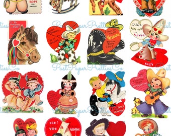 Vintage Western Valentines Day Cards Cute Cowboy Indian Themed Collage Sheets Printable PDF Instant Digital Download 64 Images 2 Sizes