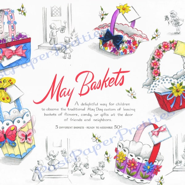 Vintage Printable May Day Easter Flower Baskets c. 1954 PDF Instant Digital Download Cut Out and Assemble Paper Spring Baskets SET ONE