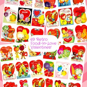 May include: A collection of 69 retro Valentine's Day cards featuring anthropomorphic fruits and vegetables. The cards are in various heart shapes and feature phrases like "Peach of a Pear" and "You're a Peel-ing, I'm falling for you!"