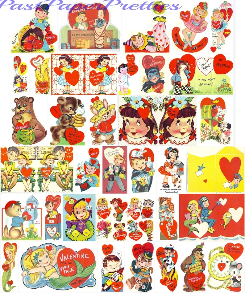 180 Vintage do druku POJEDYNCZYCH kartek walentynkowych, urocze retro dzieci, zwierzęta, obrazy z lat 60. i 70. XX wieku, natychmiastowe pobieranie cyfrowe, pieczęcie, koperty, 300 dpi zdjęcie 3