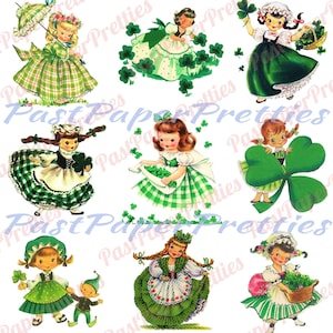 9 Imagens de cartões vintage do Dia de São Patrício Pretty Little Irish Lass Lassies Folha de colagem Todas as meninas para impressão Download digital instantâneo PNG JPEG
