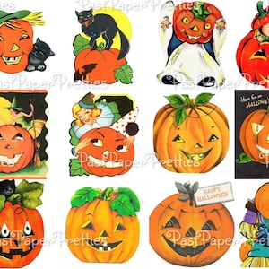 Folhas de colagem de abóboras de Halloween para impressão vintage Selos Imagens de cartão ATC PDF Download digital instantâneo Todos os clipart kitsch Jack-O-Lantern