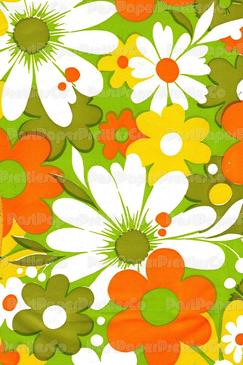 Puede incluir: Una tela de estampado floral vintage con un patr&oacute;n repetitivo de flores blancas, naranjas, amarillas y verdes sobre un fondo verde.
