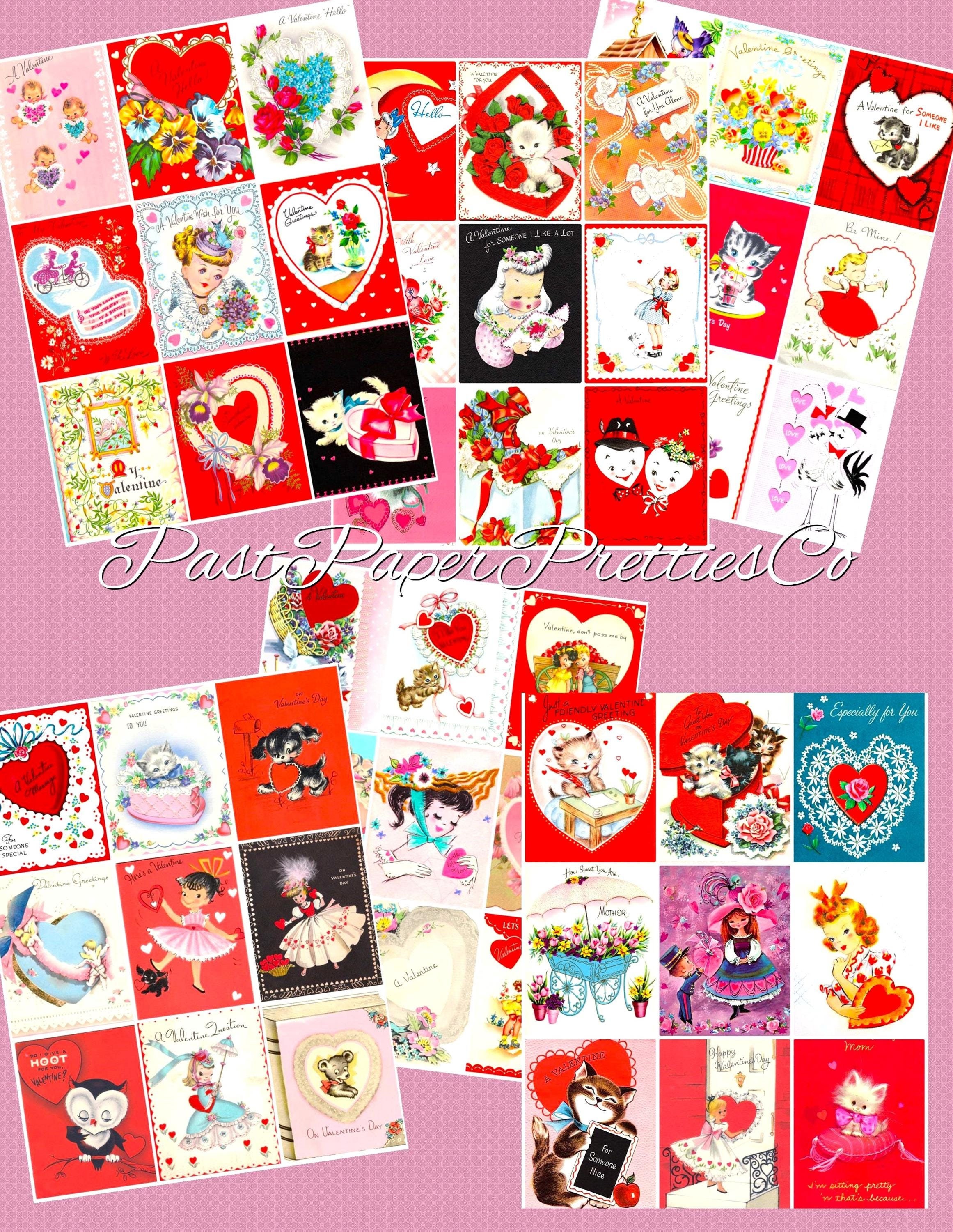 Vintage Happy Valentines Day afdrukbare Valentijnsdag wenskaart collagevellen pdf Instant digitale download 54 schattige MCM clipartafbeeldingen