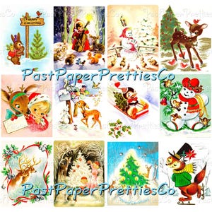 Carte d'amis forêt Noël imprimable vintage 108 images feuilles de collage animaux père noël bonhommes de neige enfants amitié PDF téléchargement numérique instantané