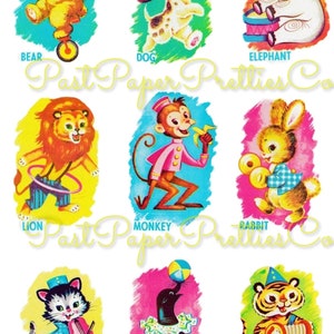 Vintage Retro Zoo Fun Animal Playing Cards or Nursery Decal Images Collage Sheet Printable PDF Instant Digital Download Cute Clipart