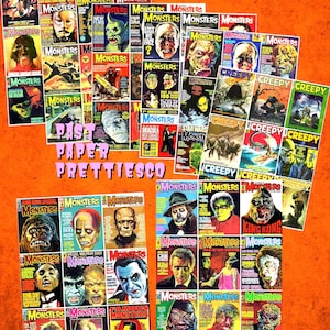 May include: A collection of vintage monster-themed comic books with vibrant covers. The comics feature classic horror characters and titles like "Monsters" and "Creepy." The image includes the text "PAST PAPER PRETTIESCO."