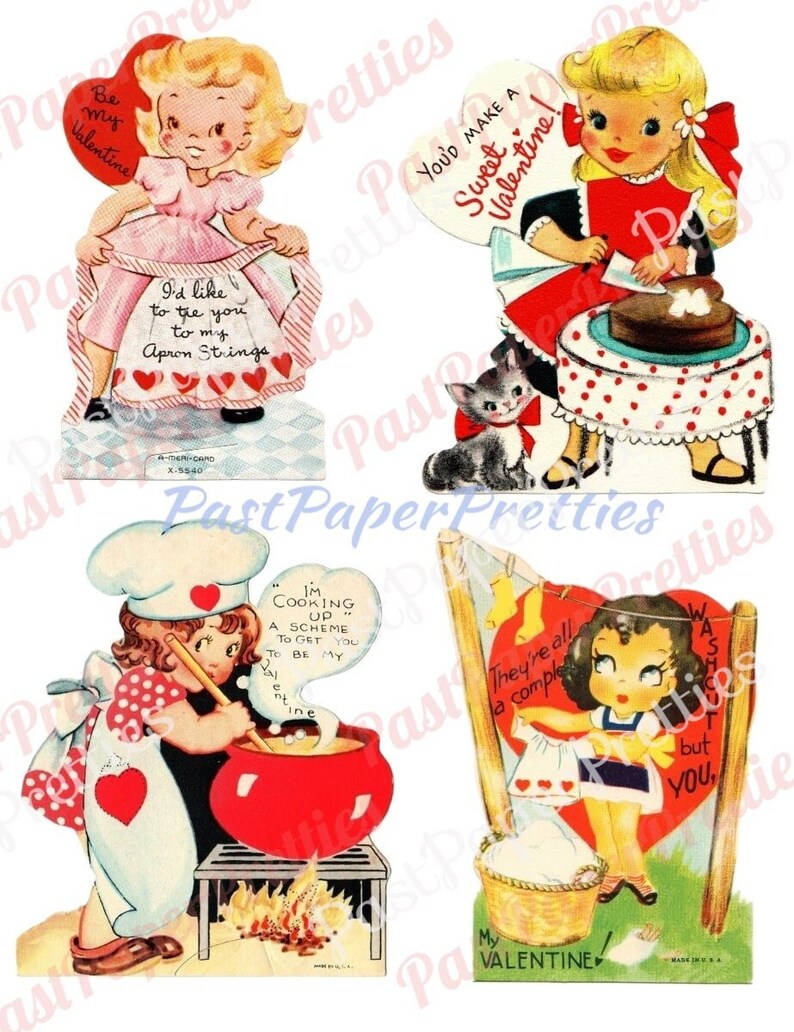 Vintage Retro Little Homemaker Themed Valentine Cards Cooking Cleaning Washing Collage Sheets Printable PDF Instant Digital Download image 3