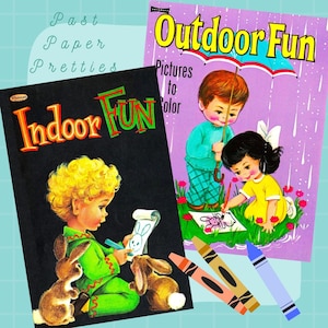 Vintage druckbare Malbuch Seiten Indoor Spaß Outdoor Spaß 1960er Jahre PDF Sofortiger digitaler Download Zwei Bücher Entzückende Kitsch Kinder Aktivitäten