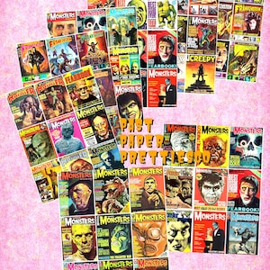 May include: A collection of vintage monster-themed magazines with colorful covers. The magazines feature illustrations of classic horror characters like Frankenstein, the Wolfman, and the Creature from the Black Lagoon. The text "PAST PAPER PRETTIESCO" is visible.