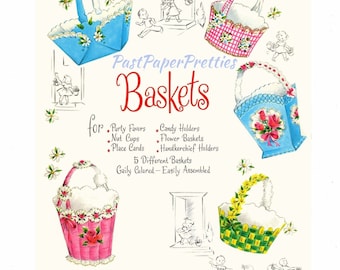 Vintage Printable May Day Easter Flower Baskets c. 1954 PDF Instant Digital Download Cut Out and Assemble Paper Spring Baskets SET TWO