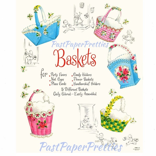 Vintage Printable May Day Easter Flower Baskets c. 1954 PDF Instant Digital Download Cut Out and Assemble Paper Spring Baskets SET TWO