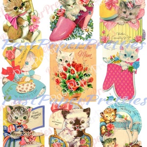Hojas de collage con imágenes de gatitos vintage para el Día de la Madre, descarga digital instantánea, imágenes en formato PDF, todos los gatitos lindos, tamaño ATC