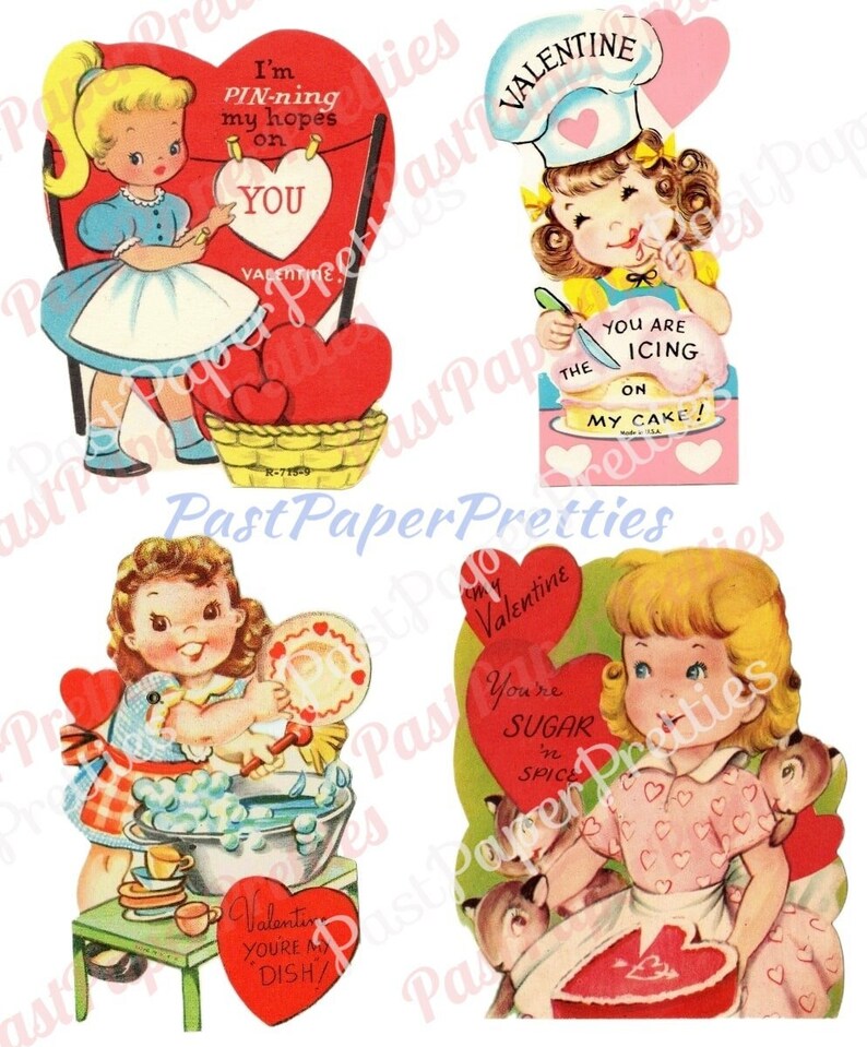 Vintage Retro Little Homemaker Themed Valentine Cards Cooking Cleaning Washing Collage Sheets Printable PDF Instant Digital Download image 5
