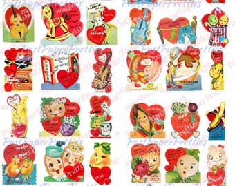 72 Vintage Kitsch Anthropomorphic Valentine Cards Images Fruit Veggies Items Objects Collage Sheets Printable PDF Instant Digital Download