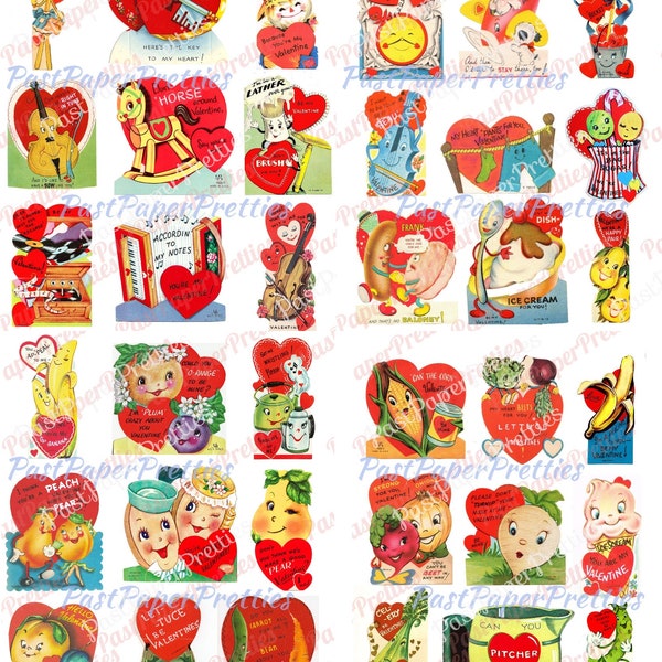 72 Vintage Kitsch Anthropomorphic Valentine Cards Images Fruit Veggies Items Objects Collage Sheets Printable PDF Instant Digital Download