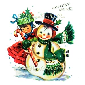 Vintage afdrukbare Happy Snowman & Little Miss schattig meisje kerstkaart afbeelding retro jaren 1950 instant digitale download kitsch clipart jpeg png