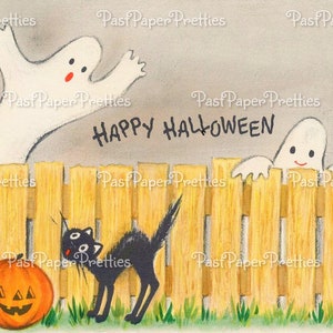 May include: A vintage Halloween card featuring two ghosts peeking over a yellow picket fence. A black cat with green eyes is looking at an orange pumpkin with a jack-o'-lantern face. The card reads "Happy Halloween".