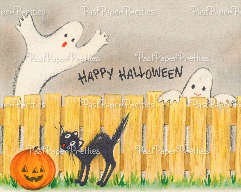 May include: A vintage Halloween card featuring two ghosts peeking over a yellow picket fence. A black cat with green eyes is looking at an orange pumpkin with a jack-o'-lantern face. The card reads "Happy Halloween".