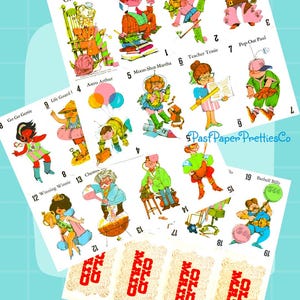 Naipes de solterona vintage para imprimir, lindas ilustraciones, imágenes del juego de cartas de la infancia de 1968, descarga digital instantánea, sencillos y collages