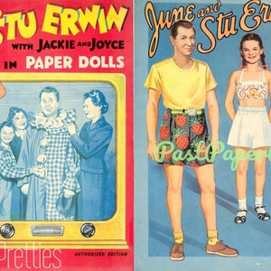 Puede incluir: Juegos de muñecas de papel vintage con el elenco de "June and Stu Erwin" y "Trouble with Father". Las portadas muestran ilustraciones de los actores con varios atuendos, con el título del programa en negrita. El fondo es una mezcla de rojo y azul.