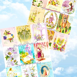 Vintage afdrukbare religieuze paaskaartafbeeldingen pdf Instant digitale download 18 religieuze Jezus-christen vrolijk Pasen-illustraties