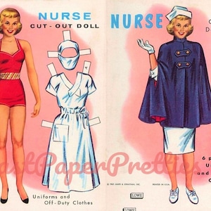Bonecas de papel vintage enfermeira boneca recortada c. 1963 para impressão instantânea download digital bonito hospital enfermeira clip art