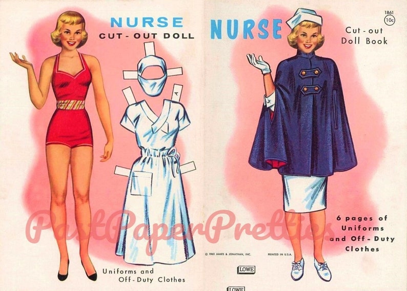 Vintage Paper Dolls Nurse Cut-Out Doll c. 1963 Printable Instant Digital Download Pretty Hospital Nurse Clip Art image 1
