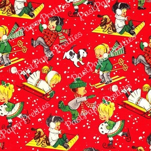 ヴィンテージの印刷可能なクリスマスギフトラップ、かわいい子供たちの遊び、赤いレトロなMCMラッピングペーパーのコラージュシート、即時デジタルダウンロード