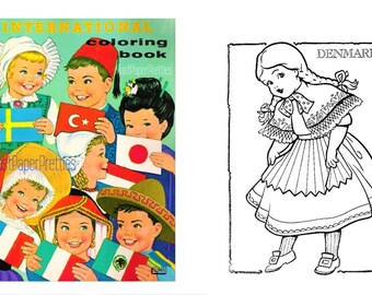 Libro para colorear vintage imprimible Niños del mundo internacional 1964 PDF Descarga digital instantánea Lindo Kitsch Imágenes prediseñadas para niños 20 páginas