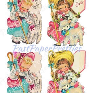 Vintage druckbare Osterkarte süße kleine Bo Peep Mädchen mit Lämmer entzückende Collage Bilder PDF Sofortiger digitaler Download JPEG PNG Clipart