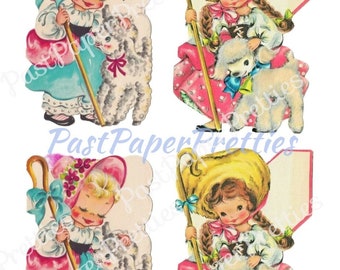 May include: Four vintage Easter cards featuring a girl in a pink dress and a white bonnet holding a lamb. The cards have a blue, green, and pink color scheme. The text on the cards reads "Happy Easter to Someone Sweet" and "Happy Easter".