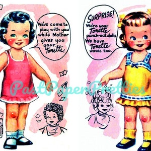Lalki papierowe Vintage Tiny Tonette Perm Punch-Out Lalki ok. 1952 Wydrukuj PDF Natychmiastowe pobranie cyfrowe Urocze małe dziewczynki Toni Perm Box