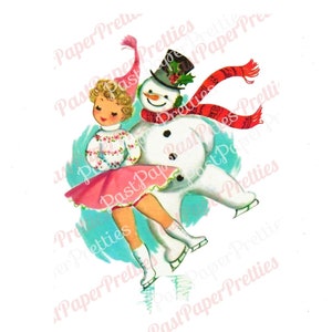 Vintage - Bonhomme de neige patinage à imprimer et petite fille mignonne image de carte de Noël c. Téléchargement instantané des années 1950 Kitsch Clipart JPEG PNG