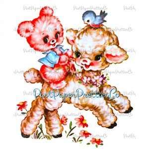 Vintage rétro rose ourson merle bleu équitation bébé agneau pépinière image imprimable téléchargement numérique mignon kitsch animaux Clipart