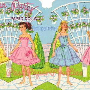 Festa de jardim de bonecas de papel vintage The Petticoat Girls c. 1957 PDF para impressão Download digital instantâneo 4 Pretty Girl Friends Clip Art