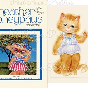 Vintage Paper Dolls Heather Honeypaws schattig meisje Kitty kat en vakantie kleding afdrukbare PDF Instant Digitale Download zes outfits illustraties