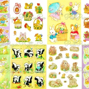 Folhas de adesivos de Páscoa de primavera para impressão vintage PDF Download digital instantâneo Todos os 8 designs Coelho Patos Animais Selos de presente Colagem Clipart